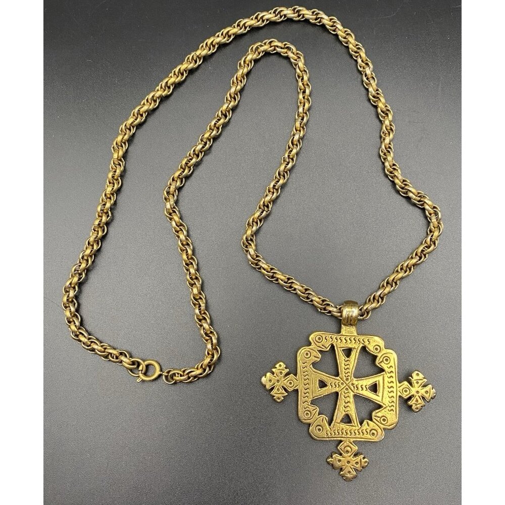 Vintage Ethiopian Coptic Cross Pendant Necklace Reversible Gold Tone 24"